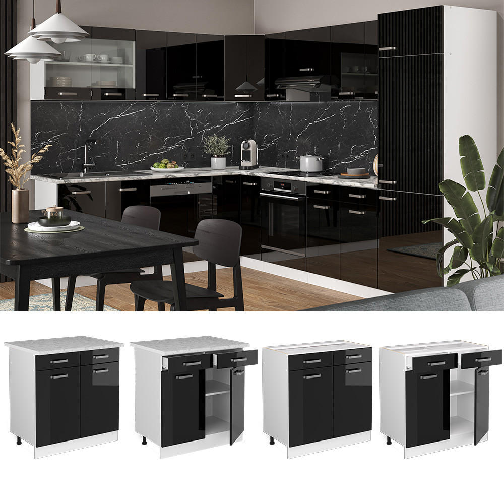 Thumbnail - Vicco Küchenunterschrank, Schwarz Hochglanz, Weiß, Holzwerkstoff, 3 Fächer, 2 Schubladen, Rechteckig, 80x81.6x60 cm, Küc...