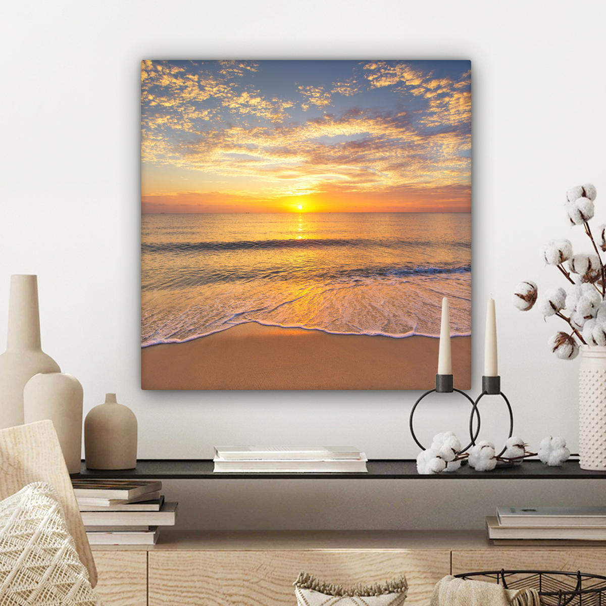 LEINWANDBILD Strand - Sonnenuntergang - Meer Wandbild Wohnzimmer 50x50 cm - Gelb, Textil (50/50cm) - MuchoWow