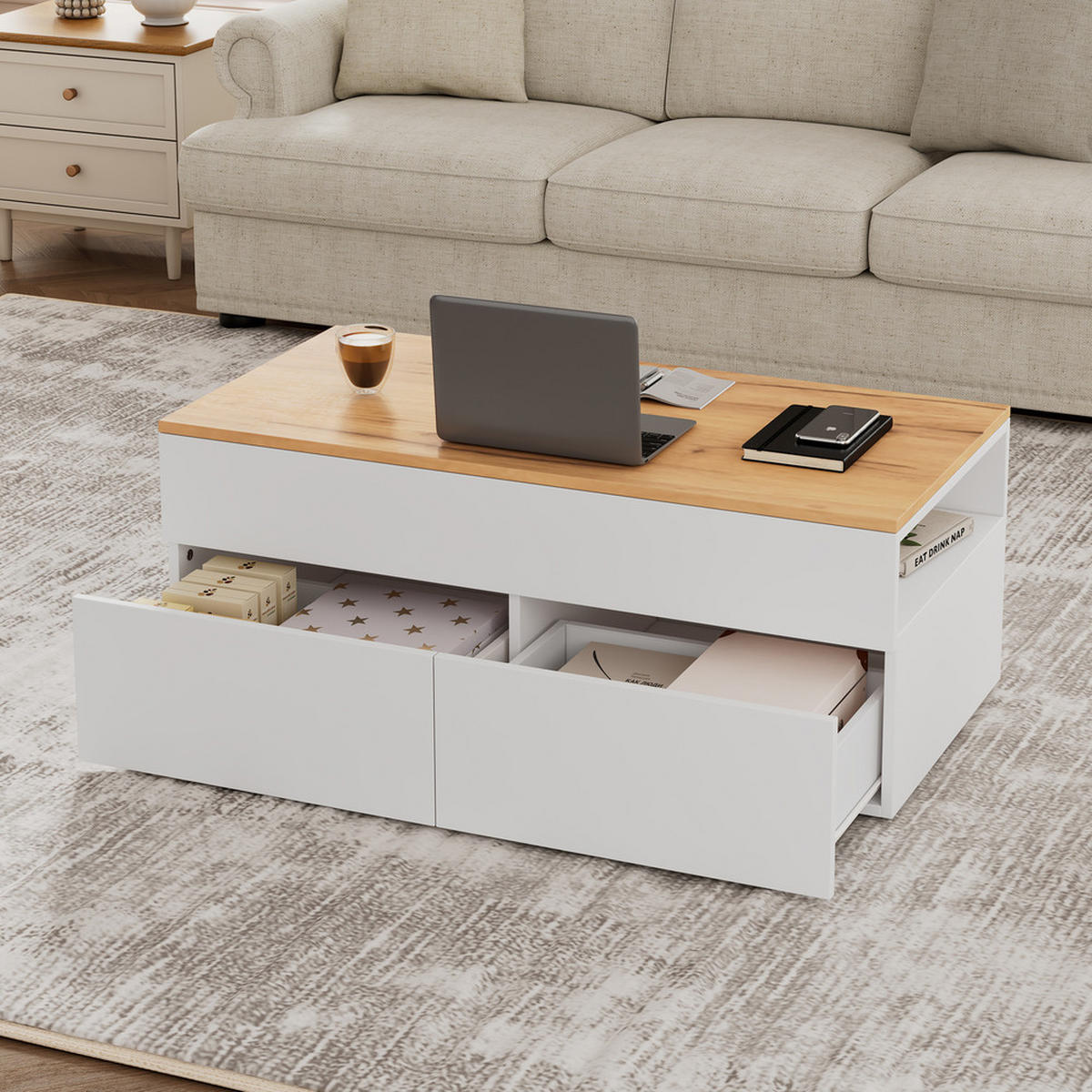 COUCHTISCH 100x50cm Weiß Holzoptik Höhenverstellbar 2 Schubladen Stauraum - Weiß, Holz (111.13/58.42/11.43cm) - FLIEKS