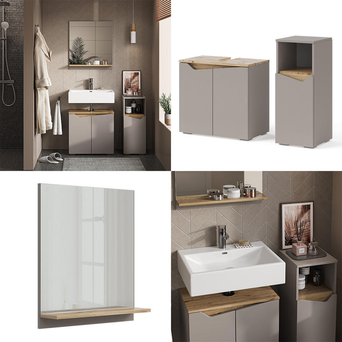 BADMÖBEL-KOMBINATION Marelle Greige 3 Teile, mit Midischrank - Greige, Holzwerkstoff (60/57/35cm) - Vicco