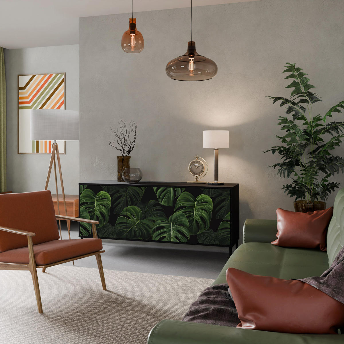 SIDEBOARD INFINITE MONSTERA, Eicheneffekt, 164,5x42x77,5 cm, 3 Türen - Eichefarben/Buchefarben, Holzwerkstoff/Buchenholz (164.5/77.5/42cm) - SpaceRebels