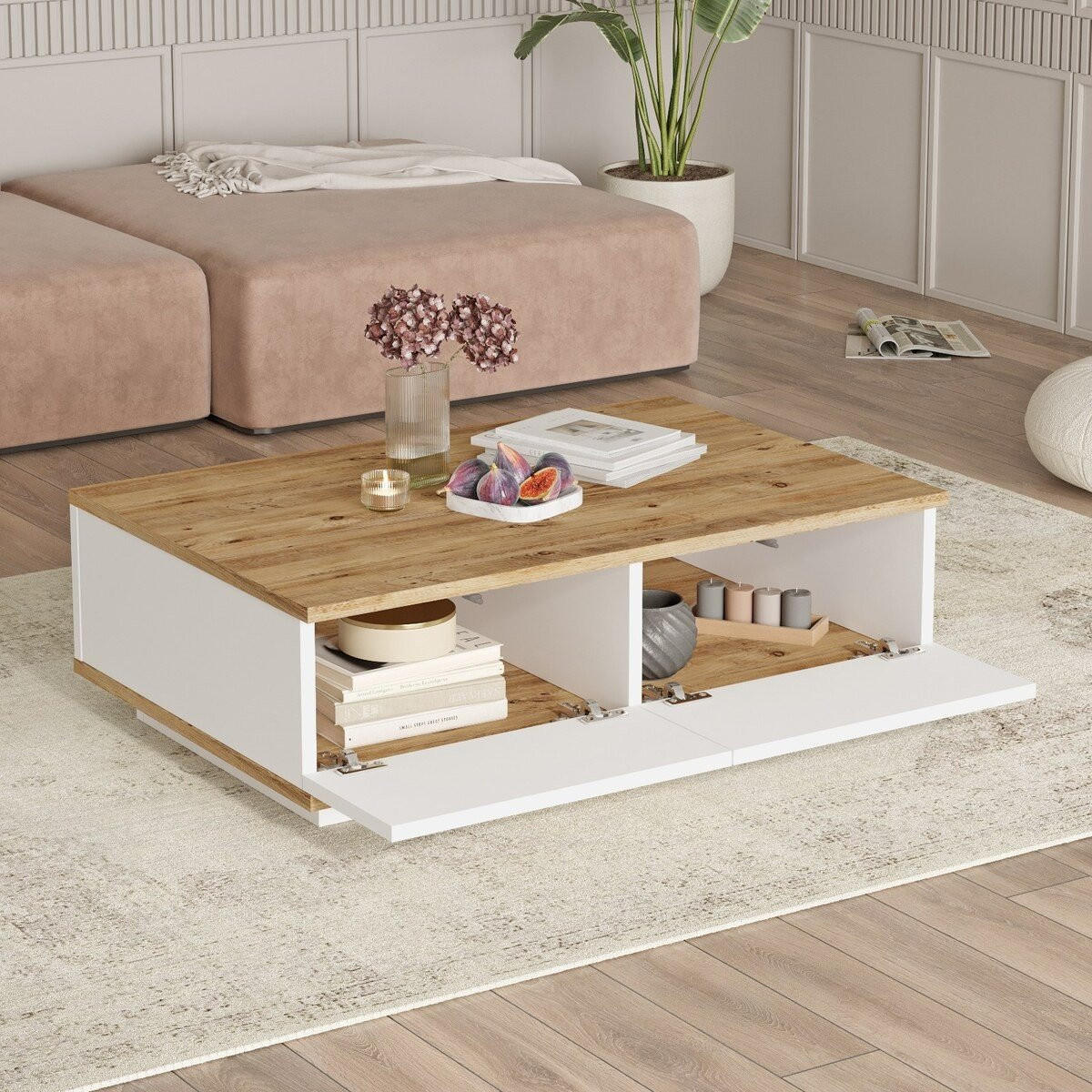 COUCHTISCH mit 2 Türen - Holzfarben hell & Weiß - LOTULA - Naturfarben, Holz (90/60/28.6cm) - Vente-Unique