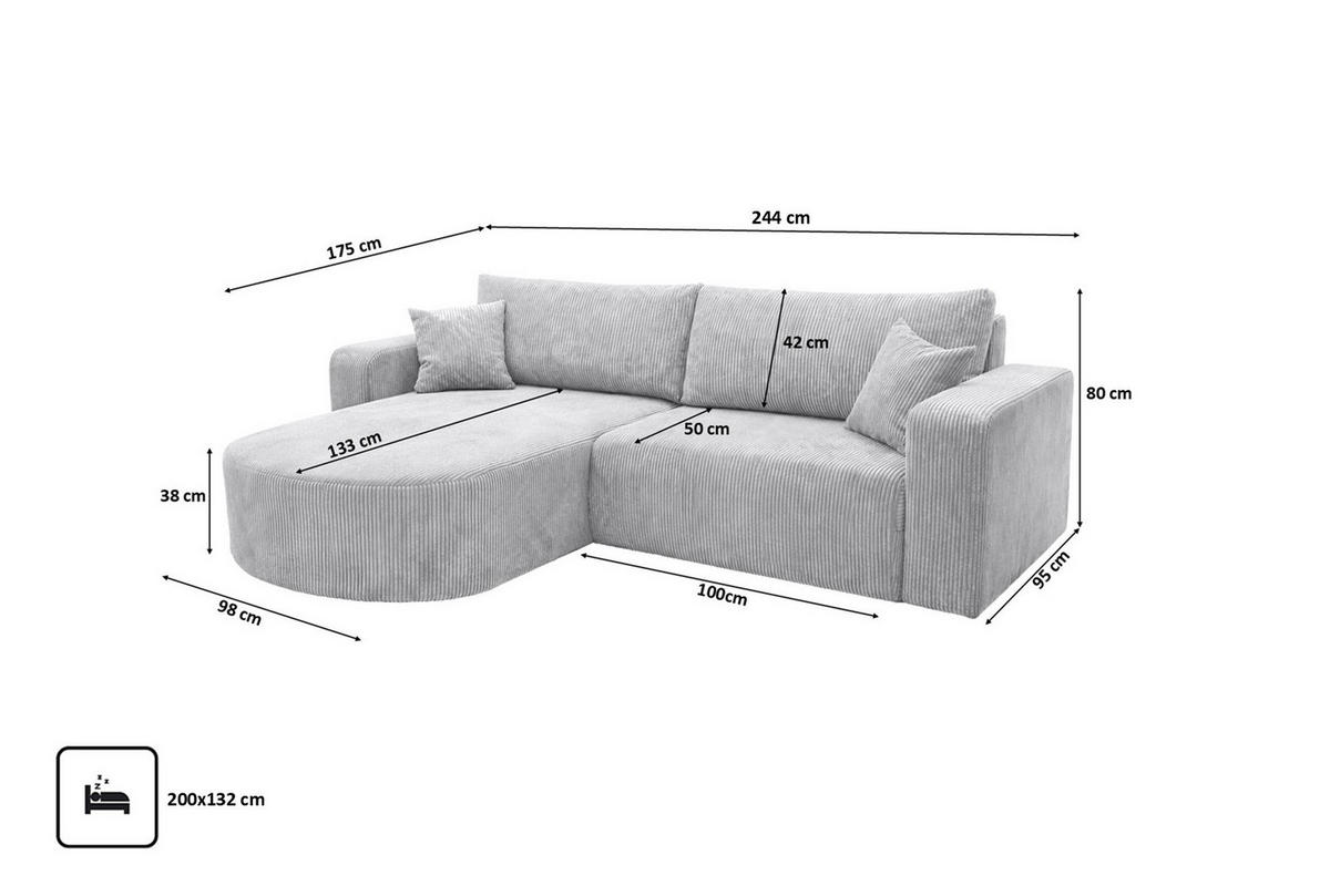 ECKSOFA Mit Schlaffunktion, Cordstoff Poso, Hellgrau, Links, ROUND ONE - Hellgrau, Holz (244/175cm) - Kaiser Möbel