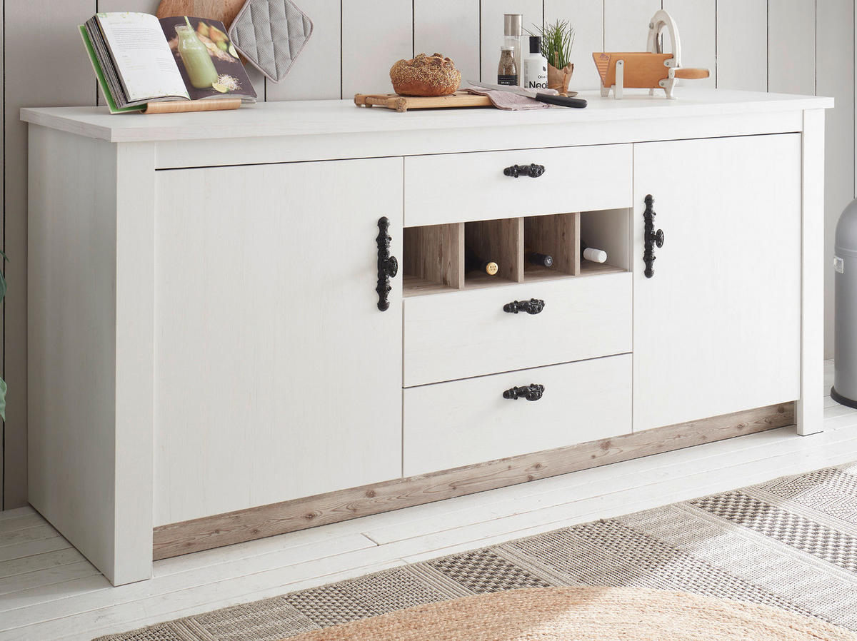 KÜCHENSCHRANK weiß Pinie Landhaus, Küche Unterschrank für Spüle oder Kochfeld 202 cm, Soft-Close - Schwarz/Weiß, Holzwerkstoff/Metall (202/92/60cm) - Furn.Design