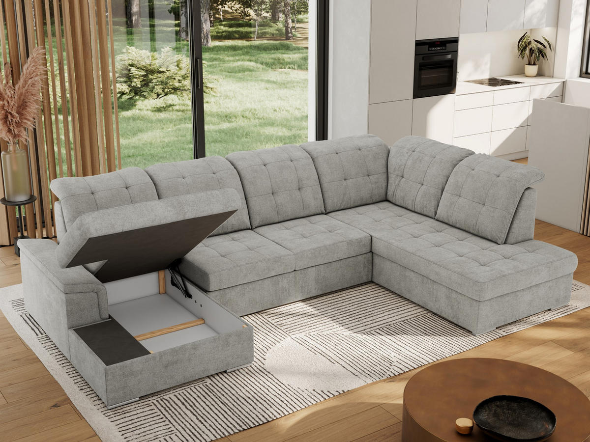 WOHNLANDSCHAFT MADRITO U - Hellgrau Struktur - Rechts - Silberfarben/Hellgrau, Textil/Metall (323/89/204cm) - MKS
