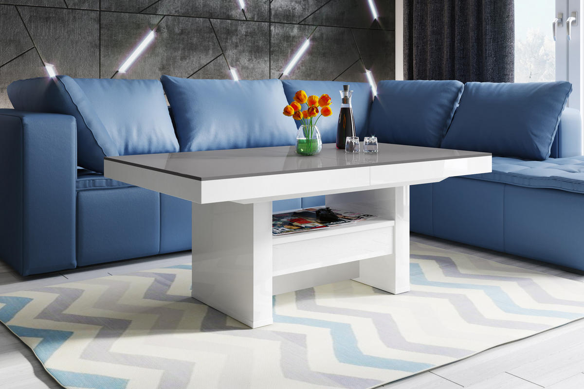 COUCHTISCH rechteckig Grau Weiß Hochglanz Höhenverstellbar ausziehbar 12/75/55 cm - Weiß Hochglanz/Grau, Holzwerkstoff (75/120/55cm)