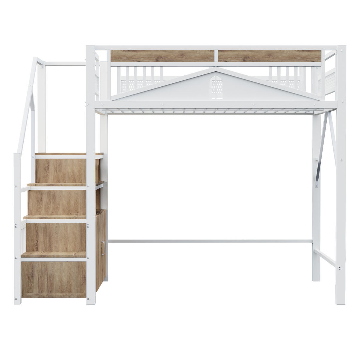HOCHBETT 140/200 cm mit Treppe, Stauraum und Sicherheitszaun im Fensterdesign, Weiß - Weiß, Metall (140/200cm) - Redom