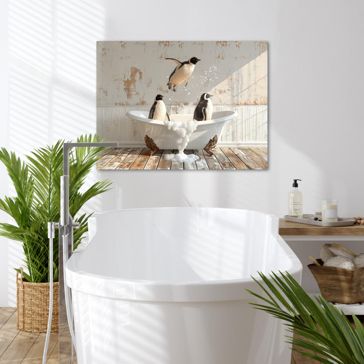 LEINWANDBILD Vintage - Pinguin - Badewanne - Schaumstoff 70x50 cm - Schwarz, Textil (70/50cm) - MuchoWow