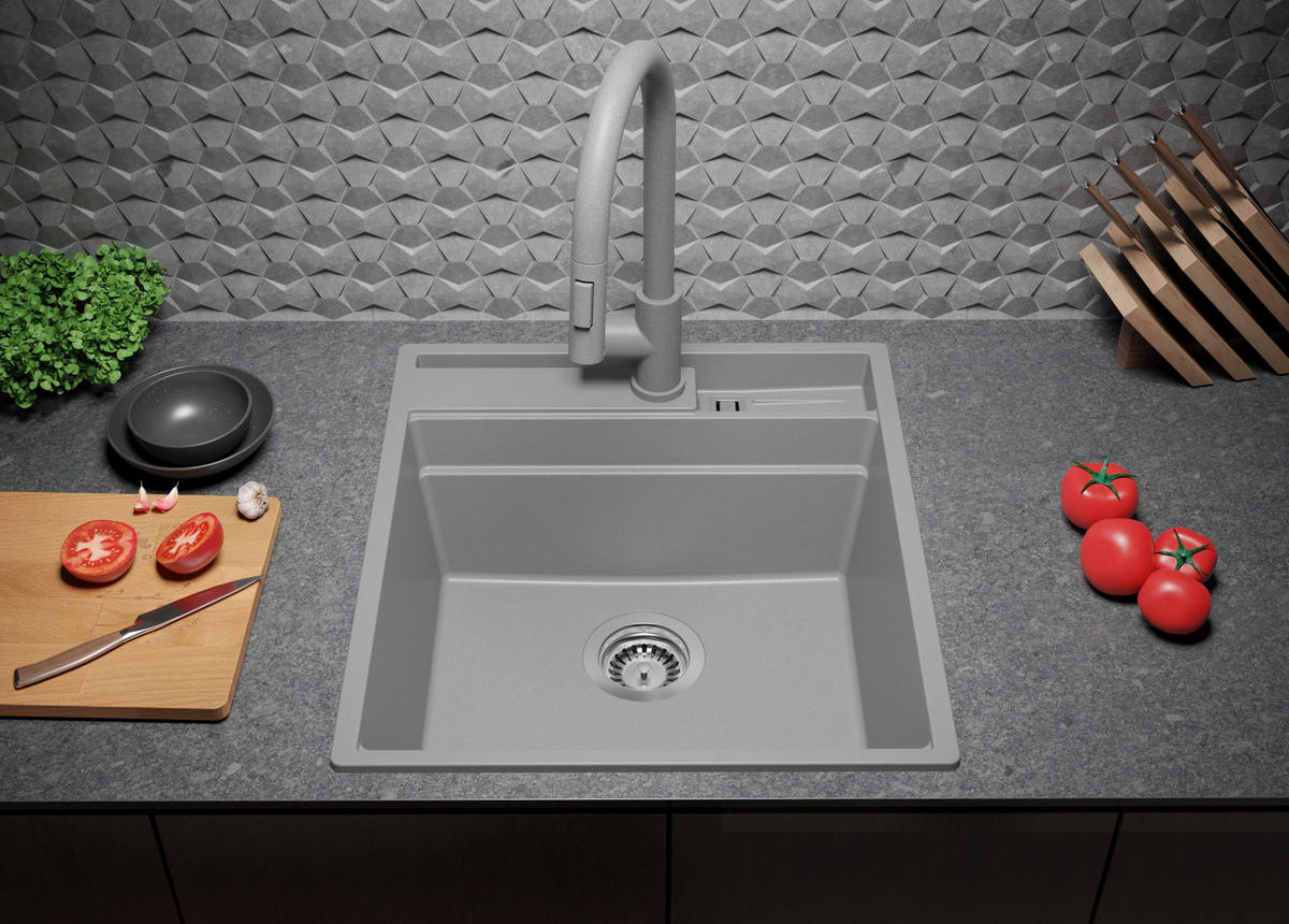 SPÜLBECKEN Oslo Pocket, 2-er set Grau 48/53 cm 1 Becken + Ablauf-Set + Küchenzubehörset ab 50er Unterschrank - Chromfarben/Beige, Kunststoff (48/20/53cm) - Primagran