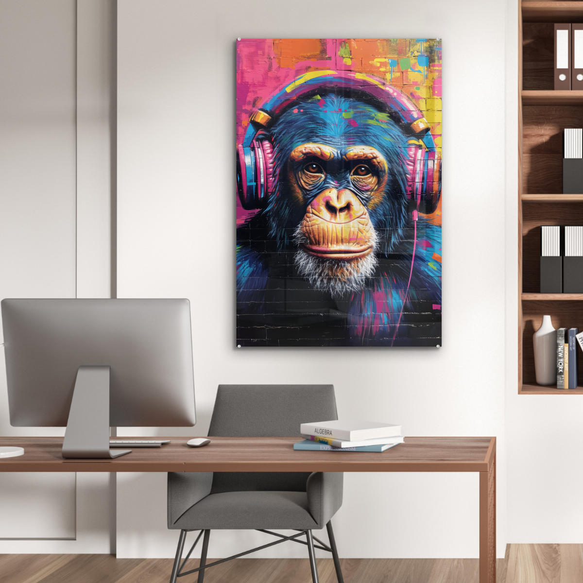 ACRYLGLASBILD Graffiti - Schimpanse - Straßenkunst - Kopfhörer - Affe 60x90 cm - Blau, Glas (60/90cm) - MuchoWow