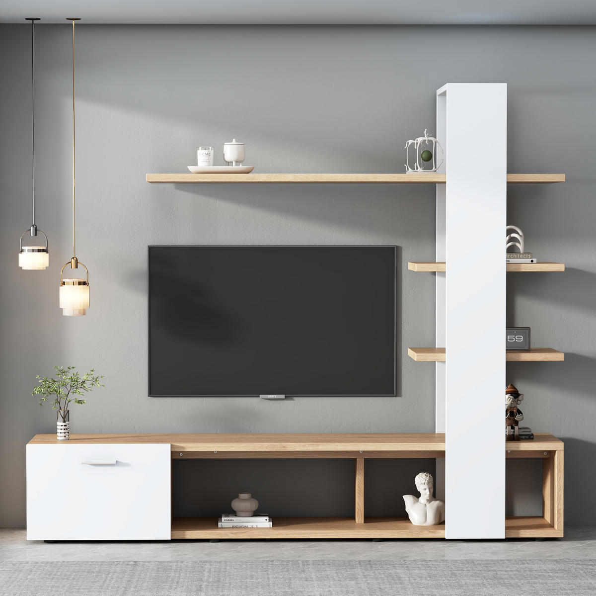 TV-WANDSCHRANK mit Regalen 180 x 33,5 x 151,5 cm Weiß/Wood - Weiß, Holzwerkstoff (33.5/151.5/180cm) - Beauniv