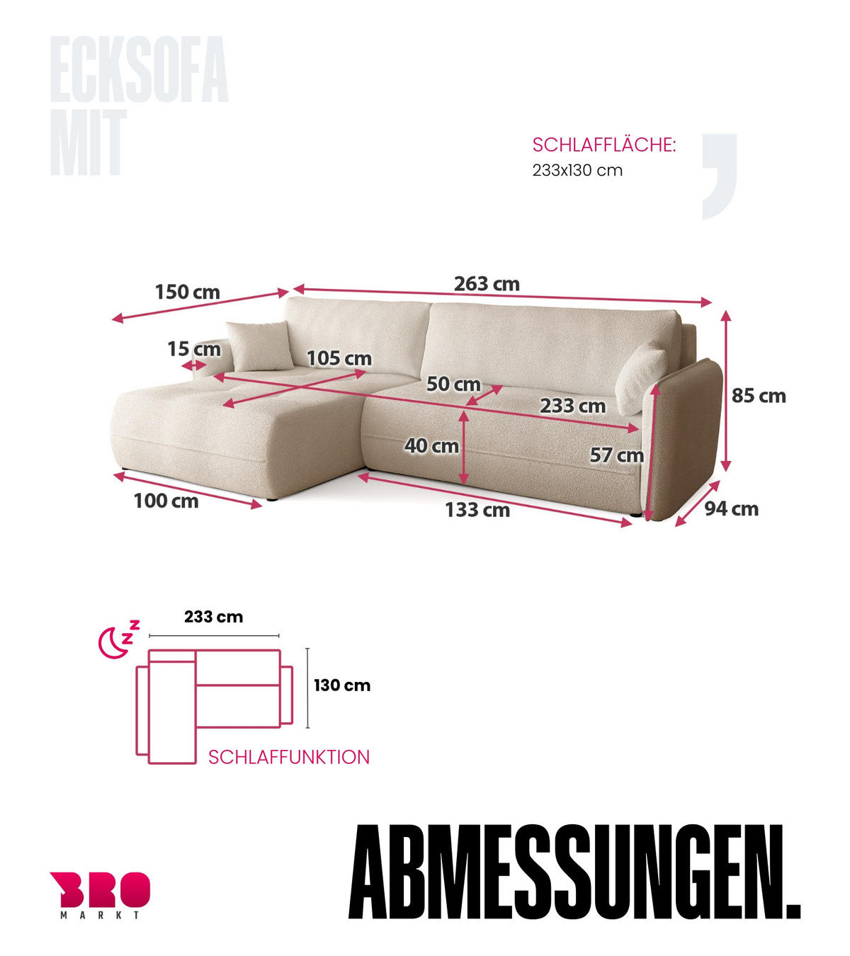 ECKSOFA CLAUDIO mit Schlaffunktion Ecru - Ecru, Textil (263/150cm) - Bromarkt