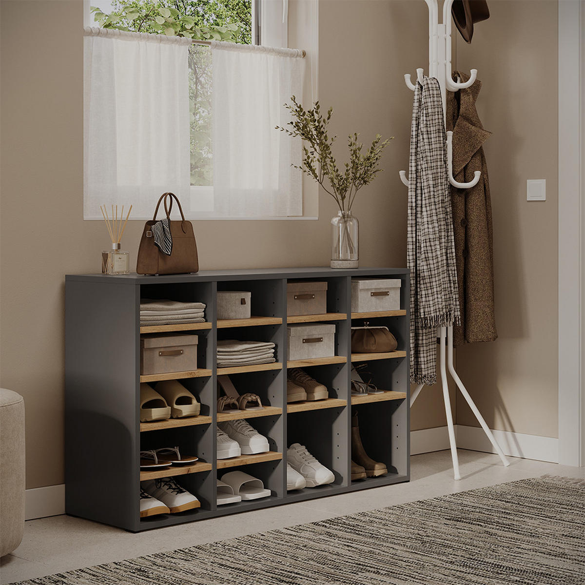 SCHUHSCHRANK Lysander, Anthrazit/Goldkraft Eiche, 104.2 x 65.5 cm mit 18 offenen Fächern - Honigeiche/Anthrazit, Holzwerkstoff (104.2/65.5/32.1cm) - Vicco