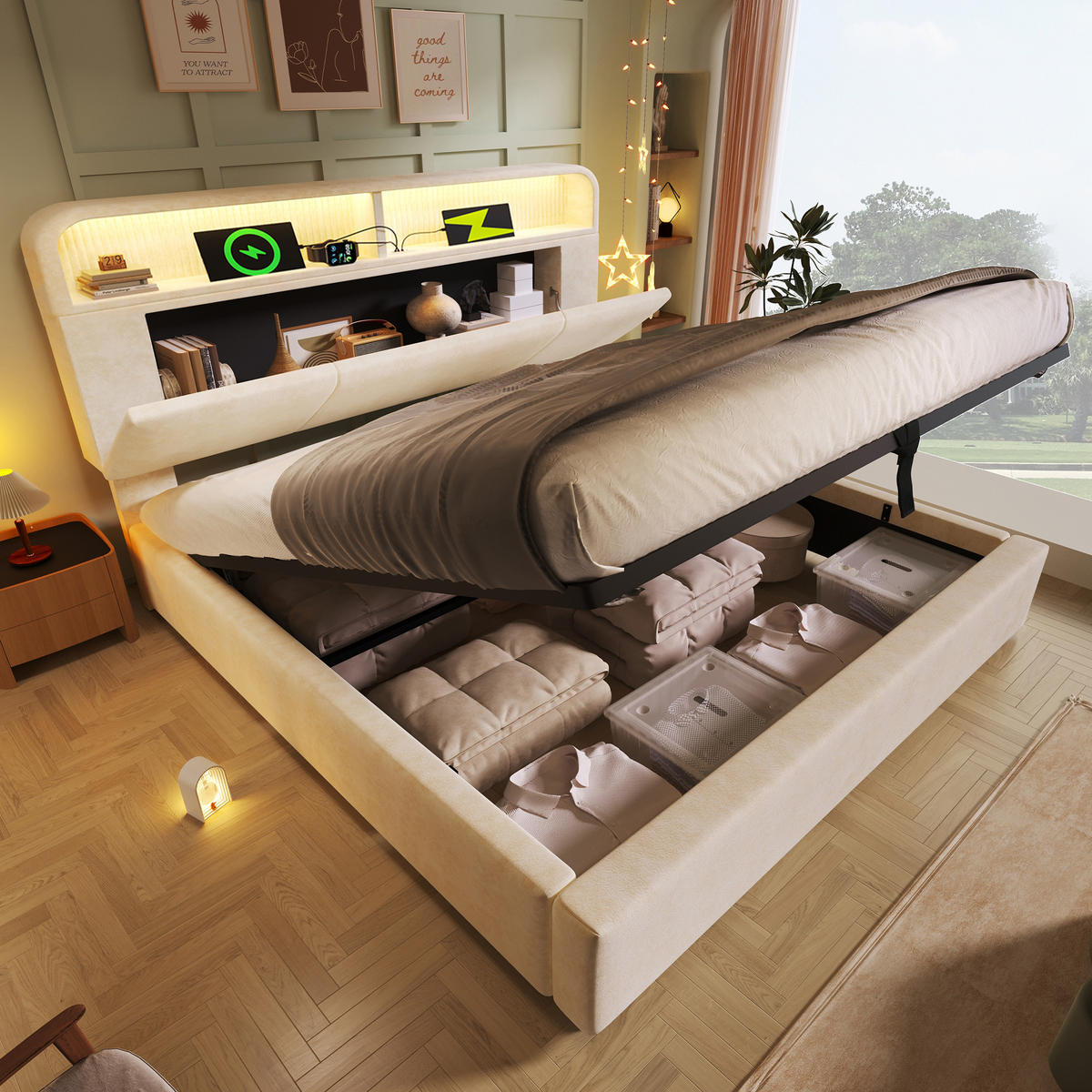 POLSTERBETT 140/200 cm Beiger mit höhenverstellbarem Stauraum-Kopfteil und LED-Beleuchtung - Beige, Textil (140/200cm) - OKWISH