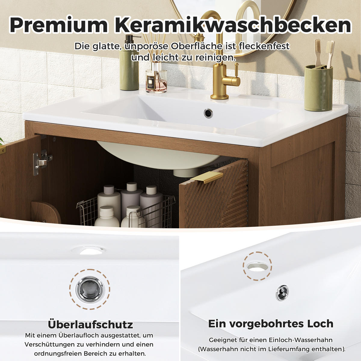 BAD-WASCHTISCHUNTERSCHRANK Walnuss mit Keramikbecken - Walnussfarben, Holzwerkstoff (61/87/47cm) - Urban Meuble