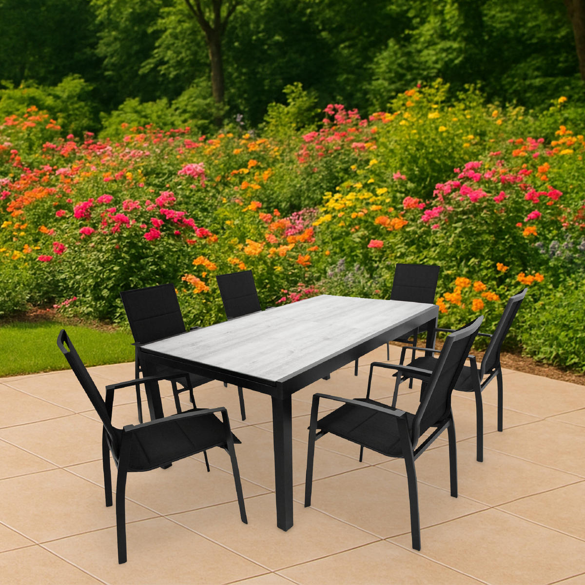 GARTEN-GARNITUR Ashford - 7-teilige Garten-Essgruppe (6x Stapelsessel mit Armlehnen, 1x Ausziehtisch 180/240x100cm), Gestell Aluminium - Schwarz, Metall - TPFGarden