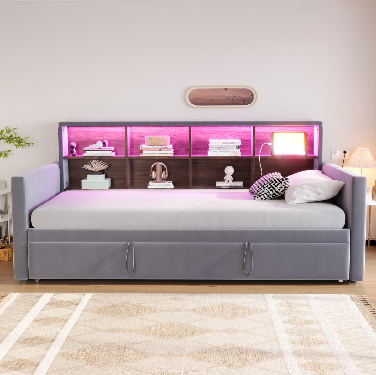 POLSTERBETT 90/190 cm aus Samt mit Stauraum, Grau - Grau, Textil (90/190cm) - OKMYHOME