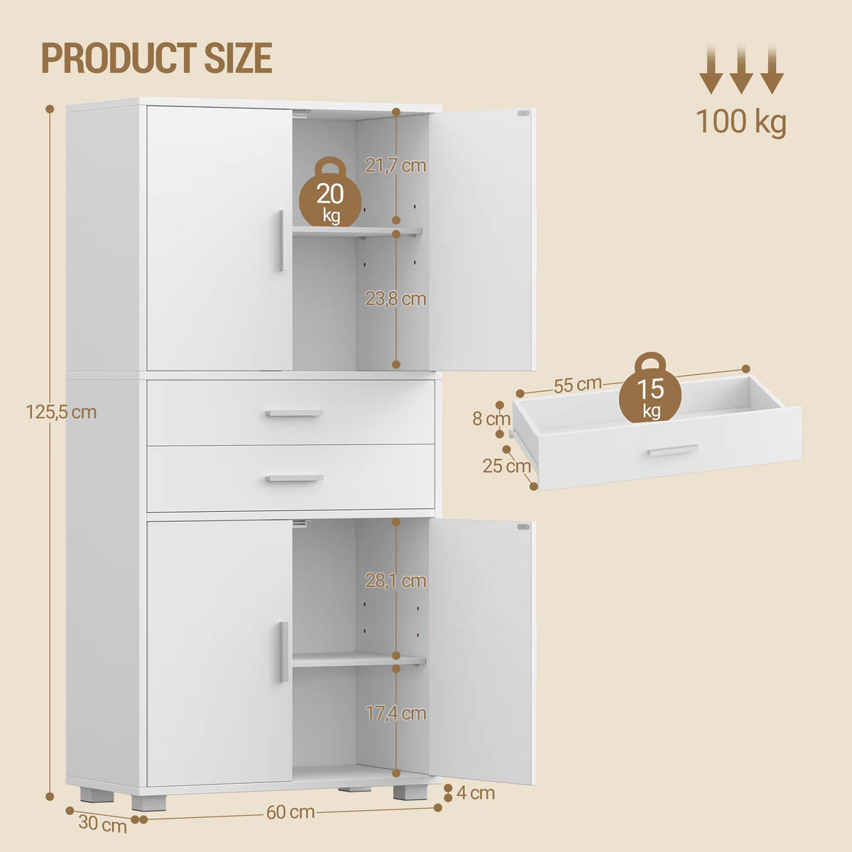 HOCHSCHRANK 4 Türen 2 Schubladen verstellbare Ablagen - Weiß, Holz (30/125.5/60cm) - Kaket