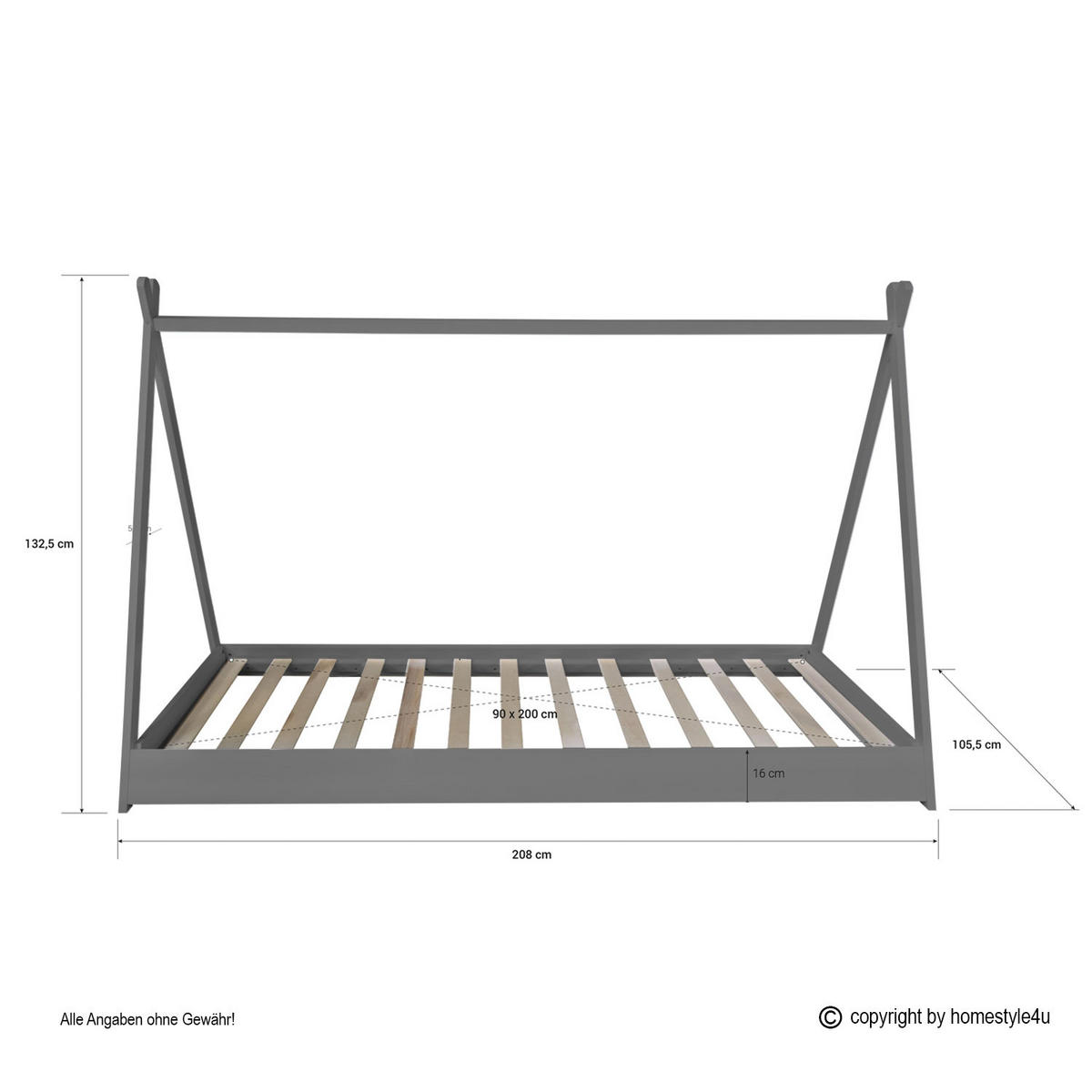 KINDERBETT Tipibett mit Matratze 90/200 cm Grau - Grau, Holz (208/132/105cm) - Homestyle4u