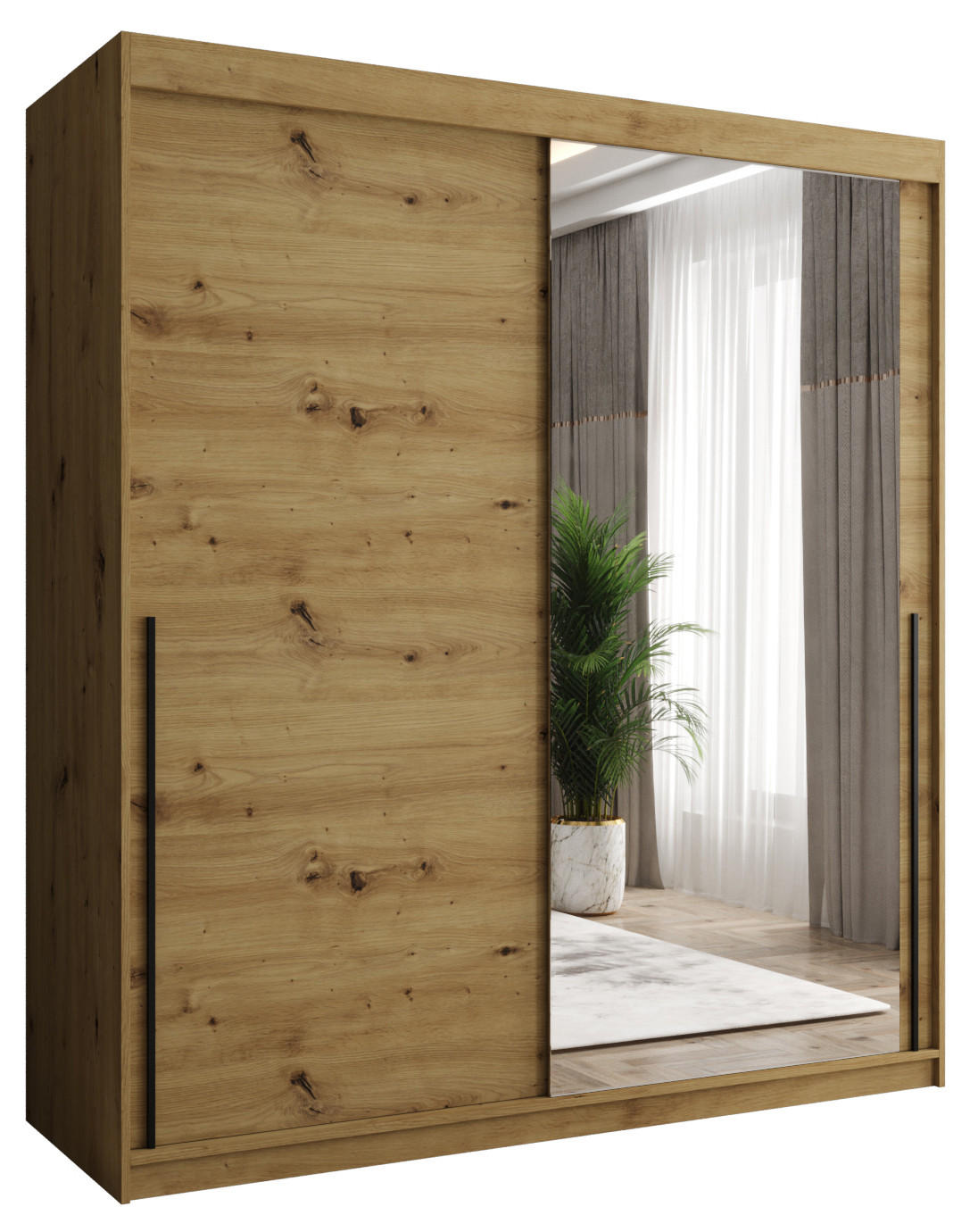 SCHIEBETÜRENSCHRANK mit Spiegel 180 cm Breite Artisan mit schwarzem Griff - Schwarz/Eiche Artisan, Holzwerkstoff (180/200/62cm) - Home Collective