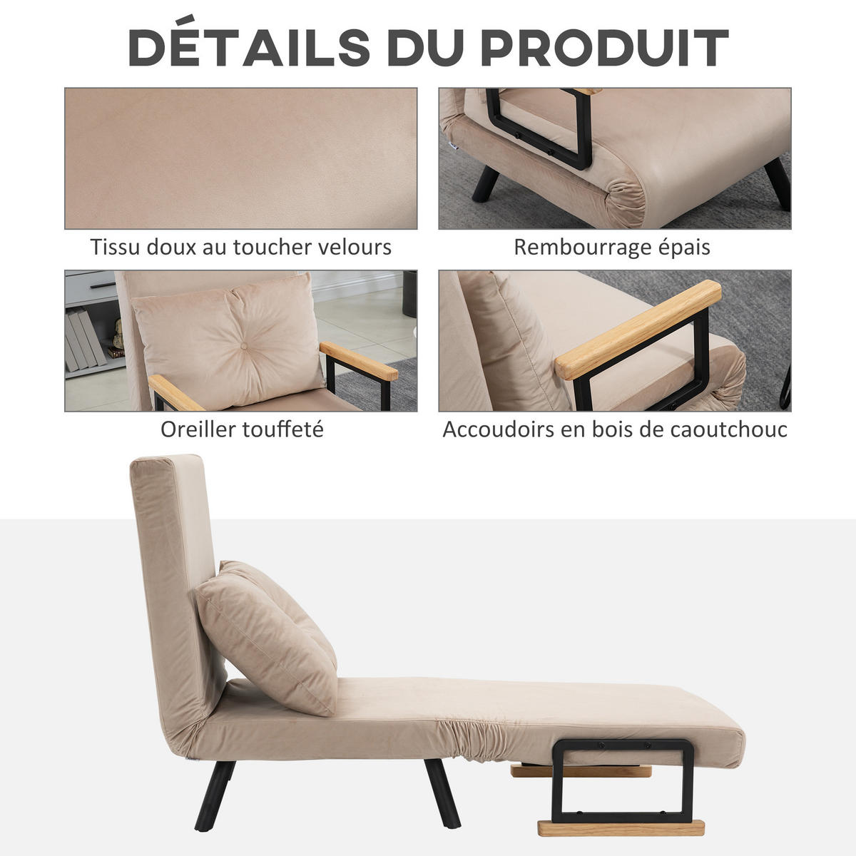 SCHLAFSESSEL 3-in-1 DE-14560 5-fach verstellbar, mit Holzarmlehnen Beige - Beige, Textil (73/81/63cm) - ComfortXL