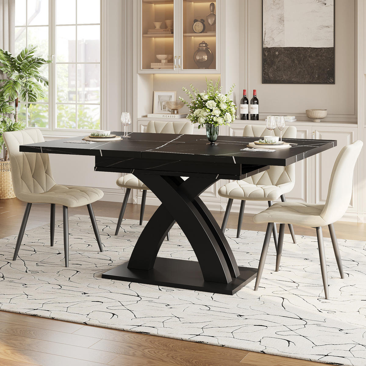 ESSTISCH 120/80/76 cm ausziehbar auf 160 cm Schwarz aus MDF Metall mit X-Streben - Schwarz, Holzwerkstoff (120/80/75cm) - OKWISH