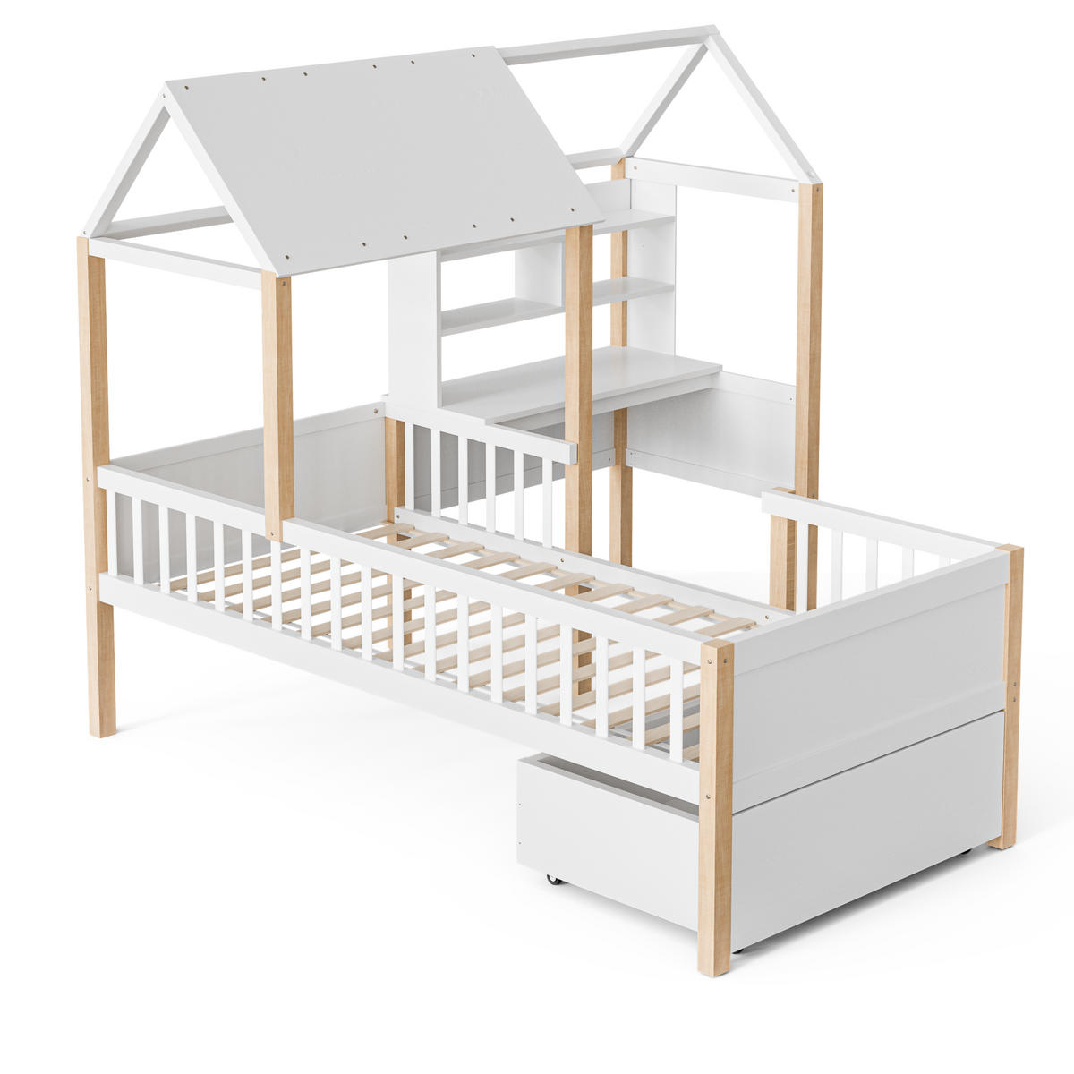 HAUSBETT aus 90x200 cm Weiß mit Schreibtisch, Bücherregal, Rollschubladen und Rausfallschutz - Weiß, Holzwerkstoff (90/200cm) - Modfu