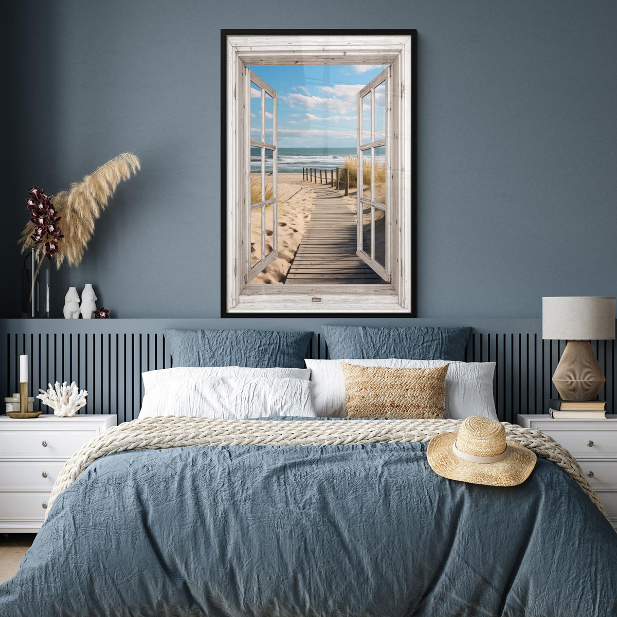 GERAHMTES BILD Fenster - Meer - Küste - Natur - Ausblick - Strand - Wattenmeer 80x120 cm - Beige, Papier (80/120cm) - MuchoWow