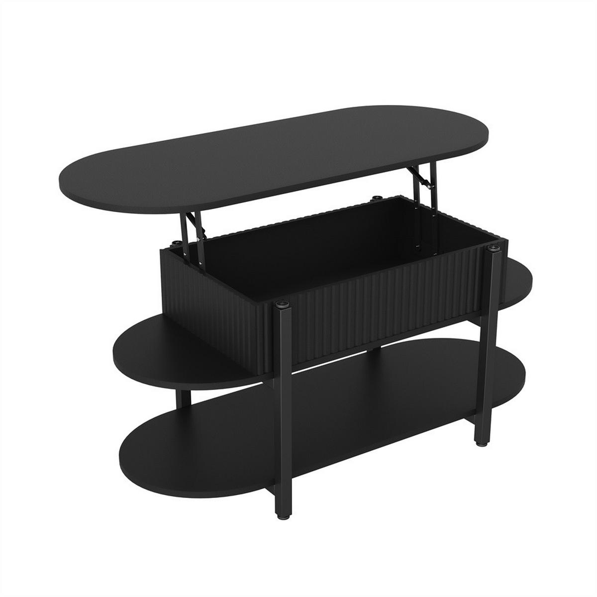 COUCHTISCH - Höhenverstellbarer Couchtisch - Ovaler Lift-Top Tisch mit Stauraum und schwarzen Beinen - Schwarz - Schwarz, Holzwerkstoff (45/106/50cm) - DELFA