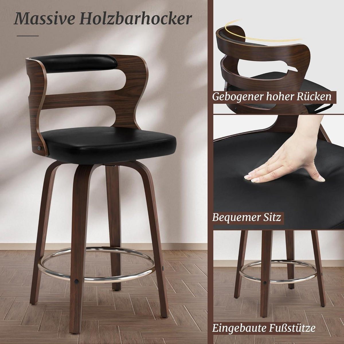 BARHOCKER 2er Set mit Lehne und Armlehnen 66 cm Schwarz/Walnuss - Schwarz, Holzwerkstoff (46/94/54cm)