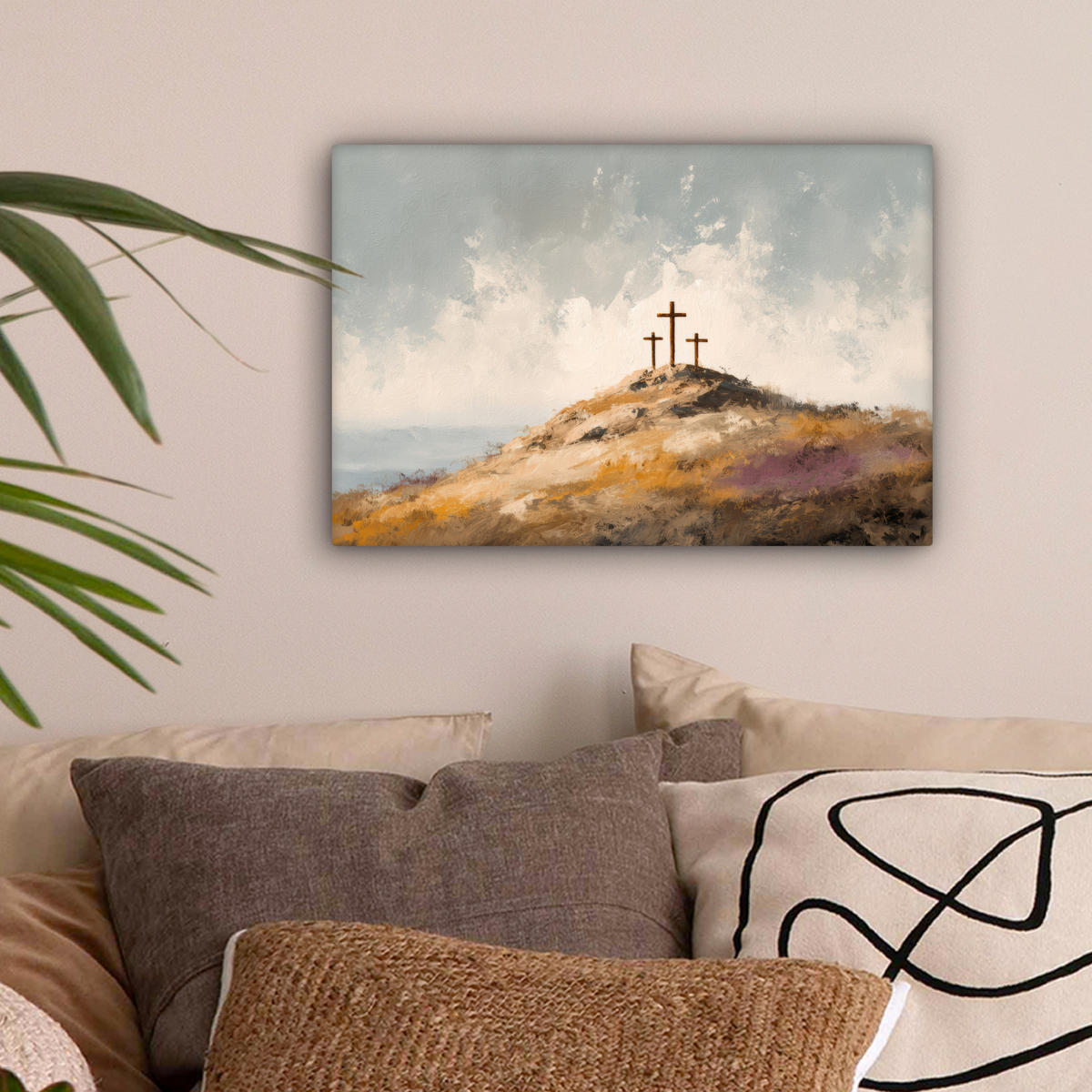 LEINWANDBILD Hügel - Abstrakt - Christentum - Kreuz Deko Schlafzimmer 30x20 cm - Hellgrau, Textil (30/20cm) - MuchoWow