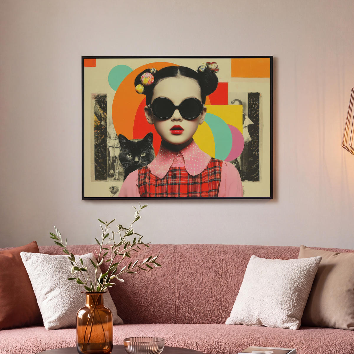 LEINWAND Bilder mit Rahmen - Mädchen - Sonnenbrille - Katze - Retro - 70x50 - Beige, Textil (70/50cm) - MuchoWow