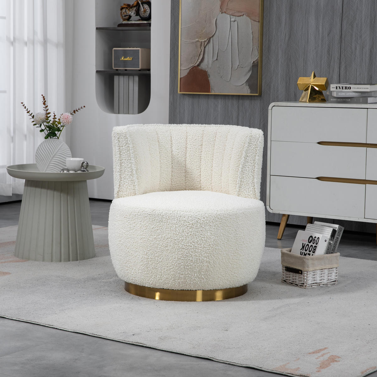 SESSEL Samt/Teddystoff Weiß drehbar - Weiß, Holzwerkstoff/Textil (62.5/69.5/62cm) - WISHDOR