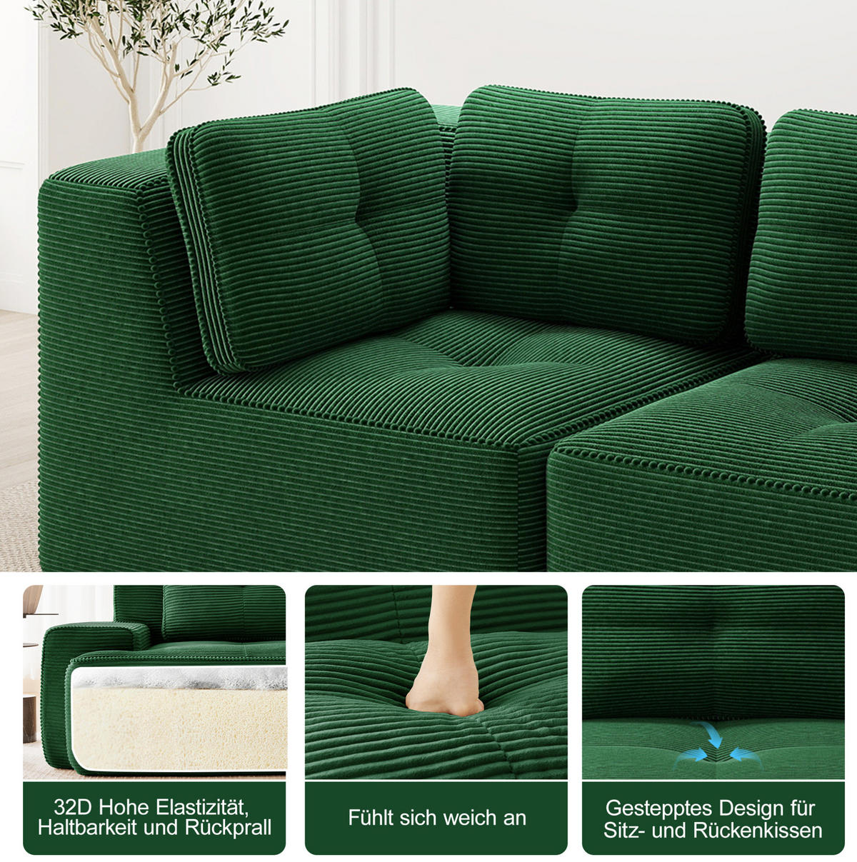 ECKSOFA 386/177/69 cm modular grün aus Cord ohne Aufbau und rutschfest - Grün, Textil (177/386cm) - OKWISH