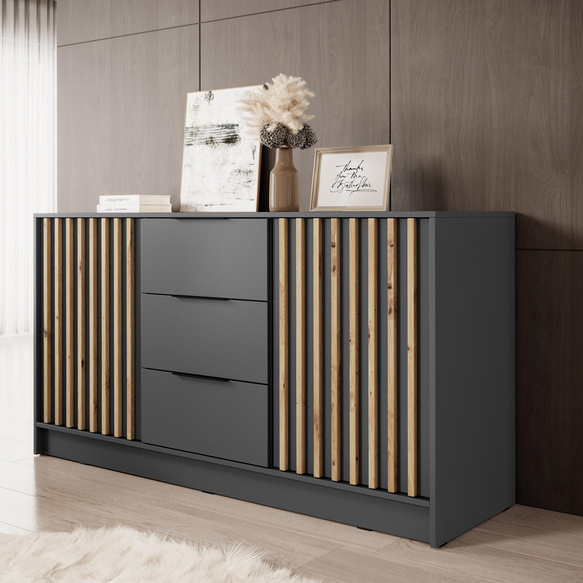KOMMODE Stilo 155 cm in Graphit + Lamellen aus Artisan-Eiche - Schwarz/Graphitfarben, Holzwerkstoff/Kunststoff (155/86/45cm) - Ravio