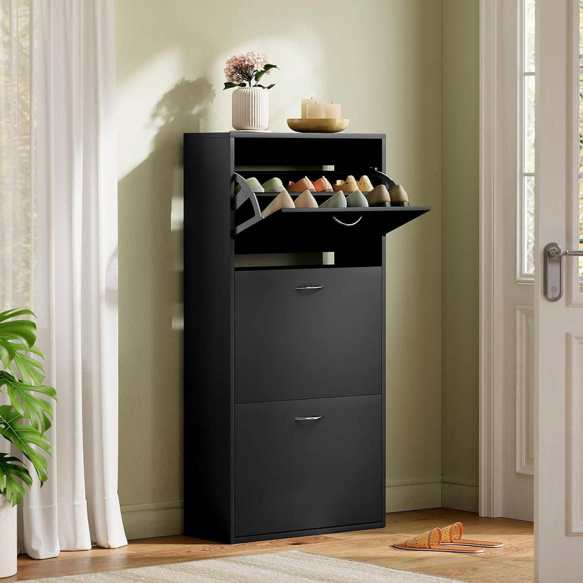 SCHUHKIPPER 58x23x118 cm, Schwarz - Silberfarben/Schwarz, Holzwerkstoff (58/118/23cm) - Woltu