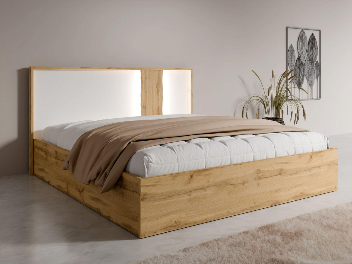 BETT WELORA – 160×200 cm mit Lattenrost, ohne Bettkasten Wotan Eiche / Alpinweiß - Eiche Wotan/Weiß, Holzwerkstoff (160/200cm) - Milaros Markt
