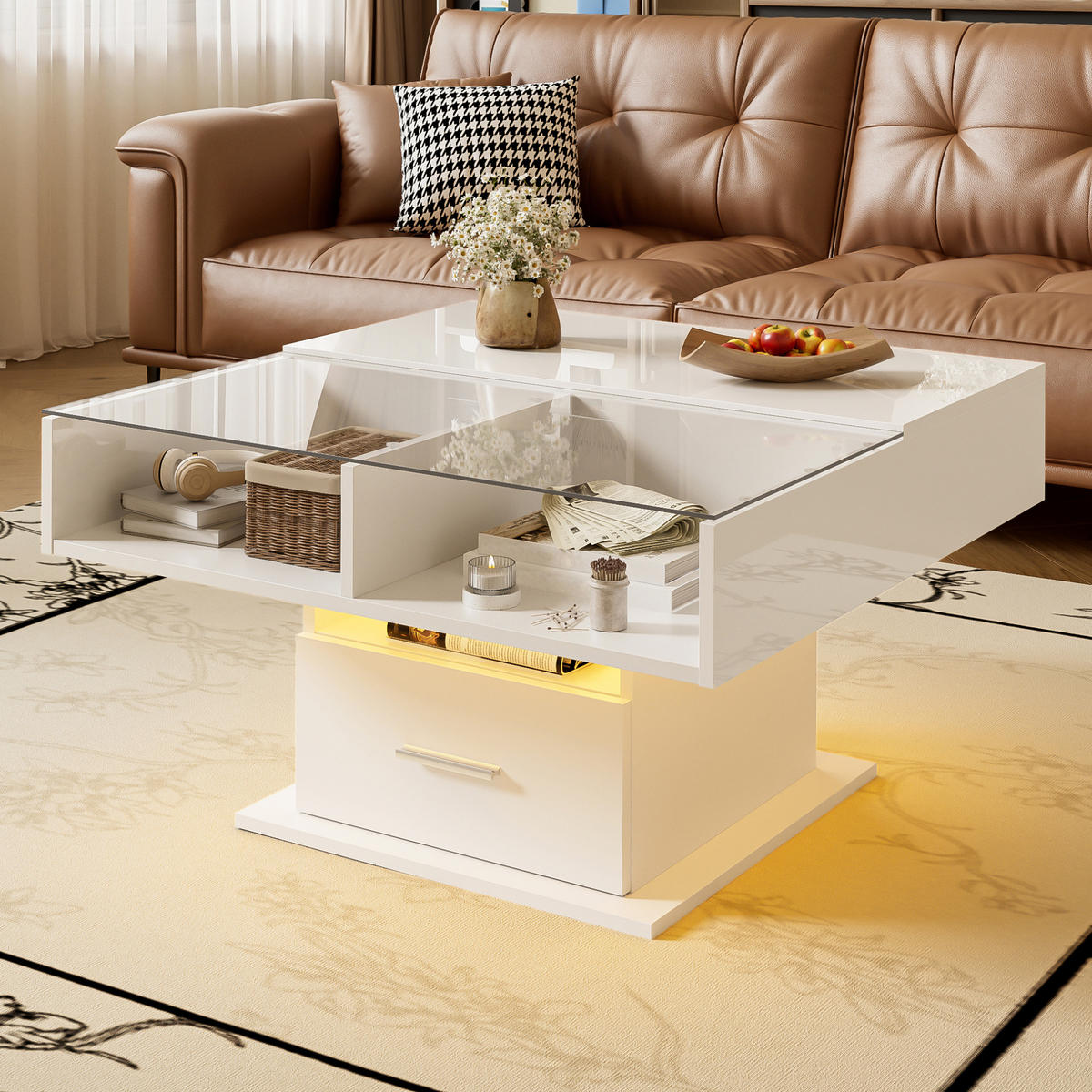 COUCHTISCH 78/78/45.5/59.5 cm Weiß aus Spanplatte mit LED-Beleuchtung und Stauraum - Weiß, Holzwerkstoff (78/78/45cm) - OKMYHOME