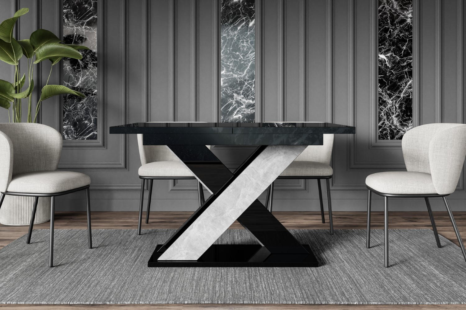 ESSTISCH ausziehbar 120 -160x90x75 cm - Hochglanz Schwarz/Betonoptik - AOX - Schwarz Hochglanz, Holzwerkstoff (120/90/75cm) - ALTDECOR