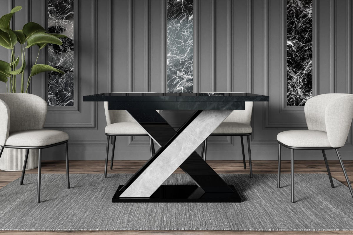 ESSTISCH ausziehbar 120 -160x90x75 cm - Hochglanz Schwarz/Betonoptik - AOX - Schwarz Hochglanz, Holzwerkstoff (120/90/75cm) - ALTDECOR