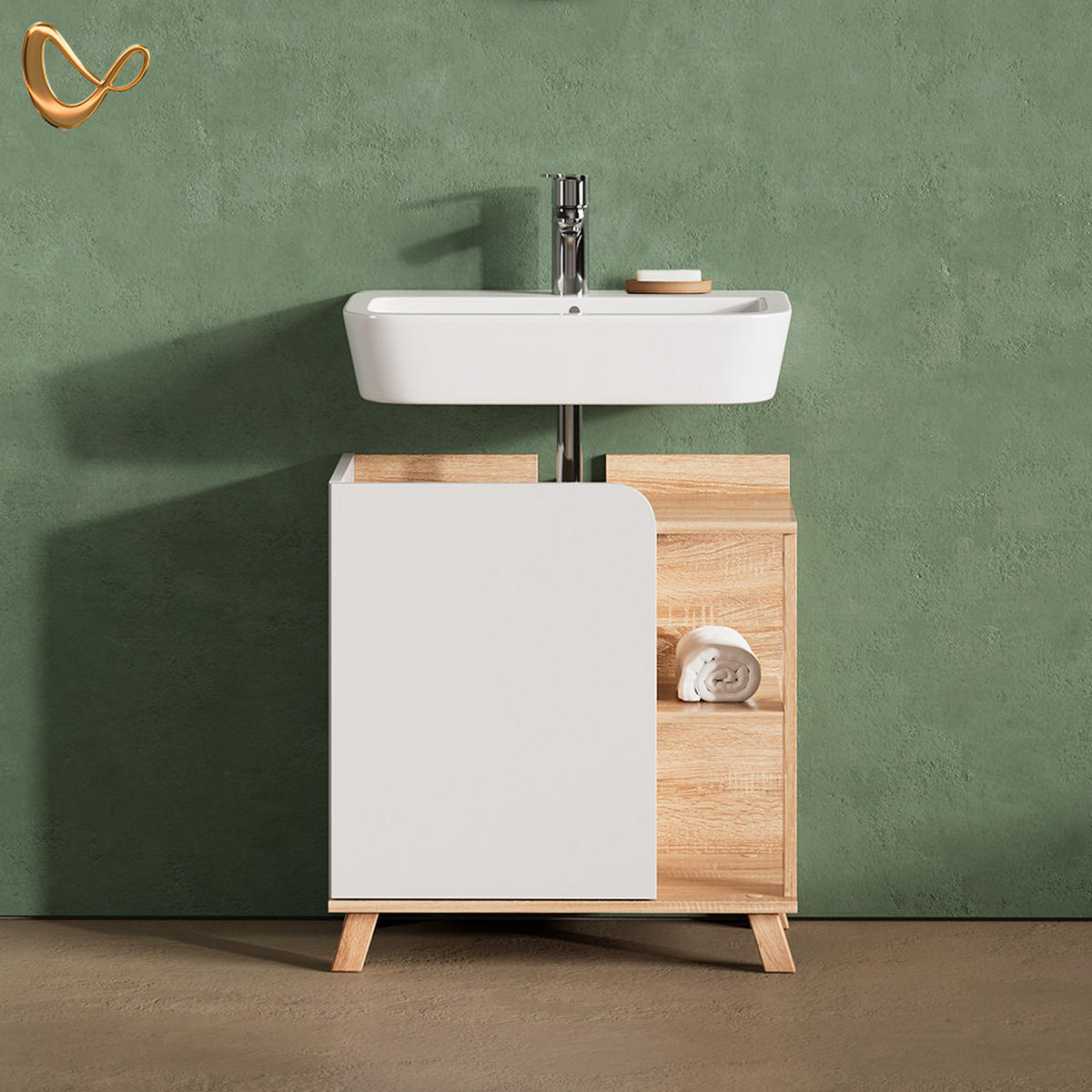 WASCHBECKENUNTERSCHRANK Marano Sonoma/Weiß 60 x 65 cm mit Tür und offenen Fächern - Weiß/Sonoma Eiche, Holzwerkstoff (60/65/35cm) - Livinity®