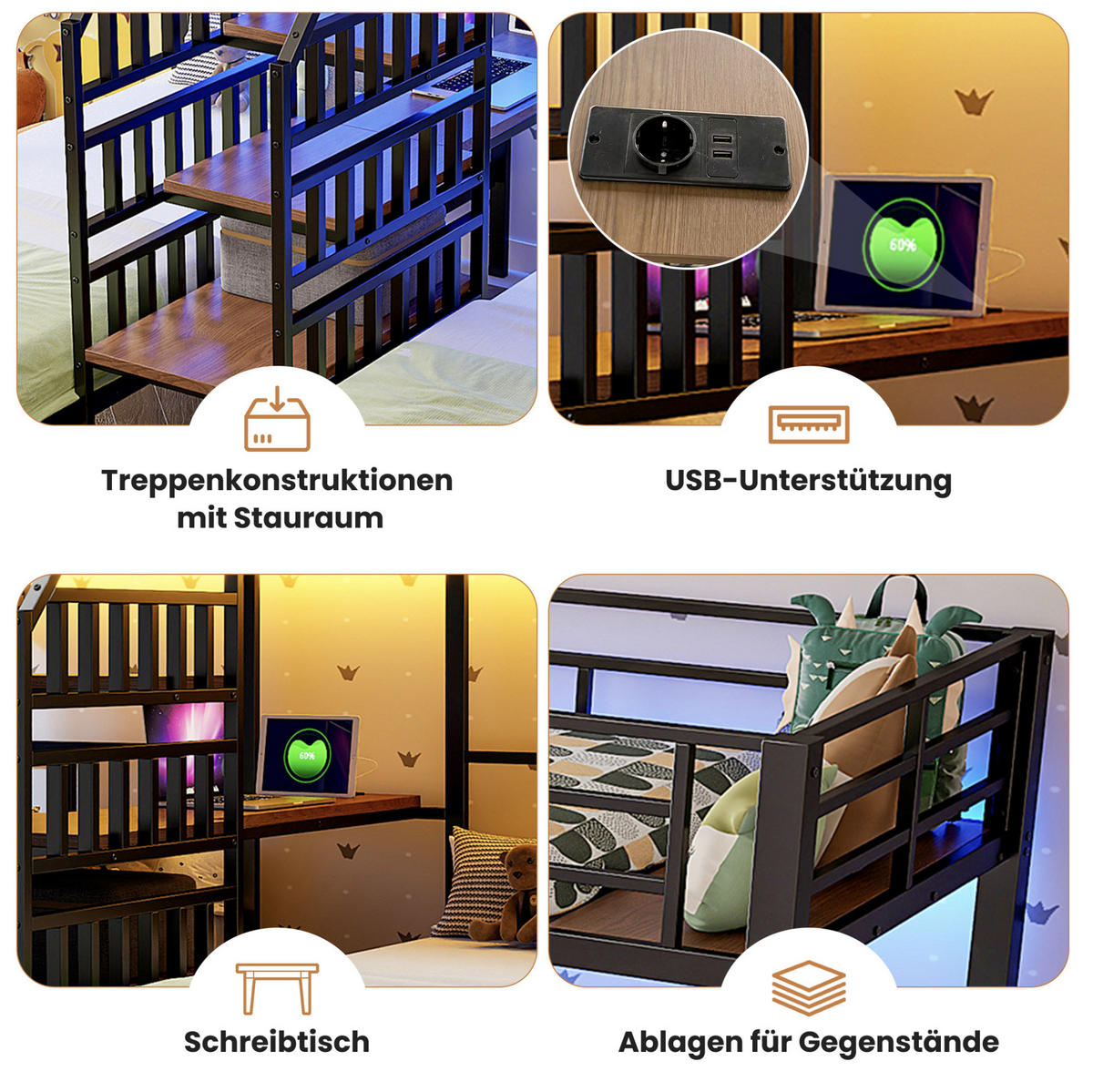 ETAGENBETT 90/200 cm in Schwarz mit LED-Beleuchtung, Schreibtisch und Stauraum - Schwarz, Metall (90/200cm) - OKMYHOME