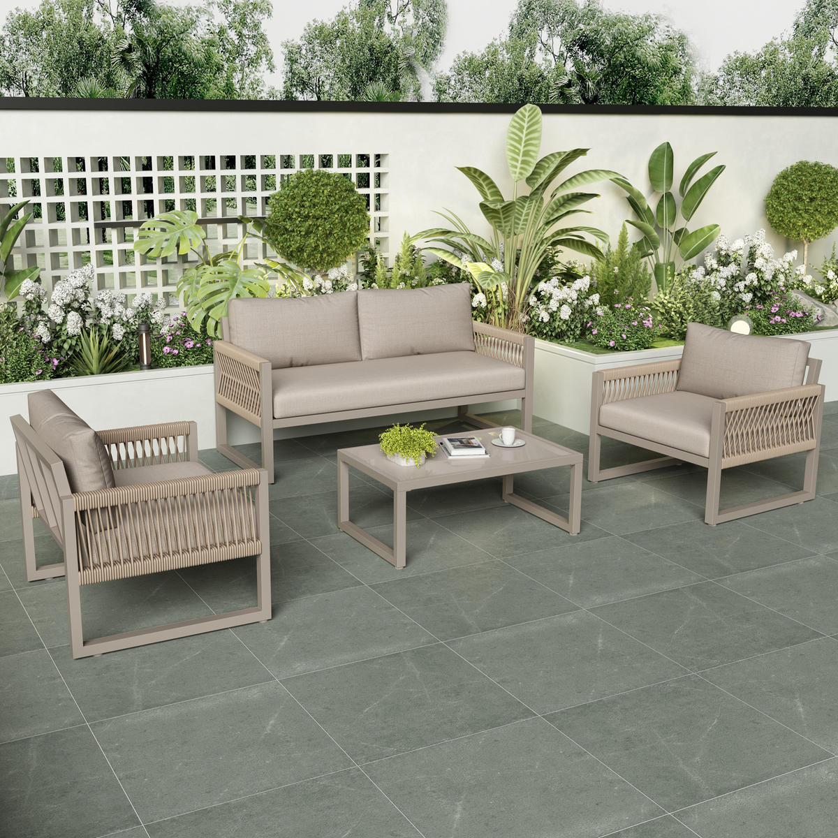 LOUNGESET 4er Seil Khaki Mit Verstellbaren Füßen & Glastisch - Hellbraun, Metall - FLIEKS