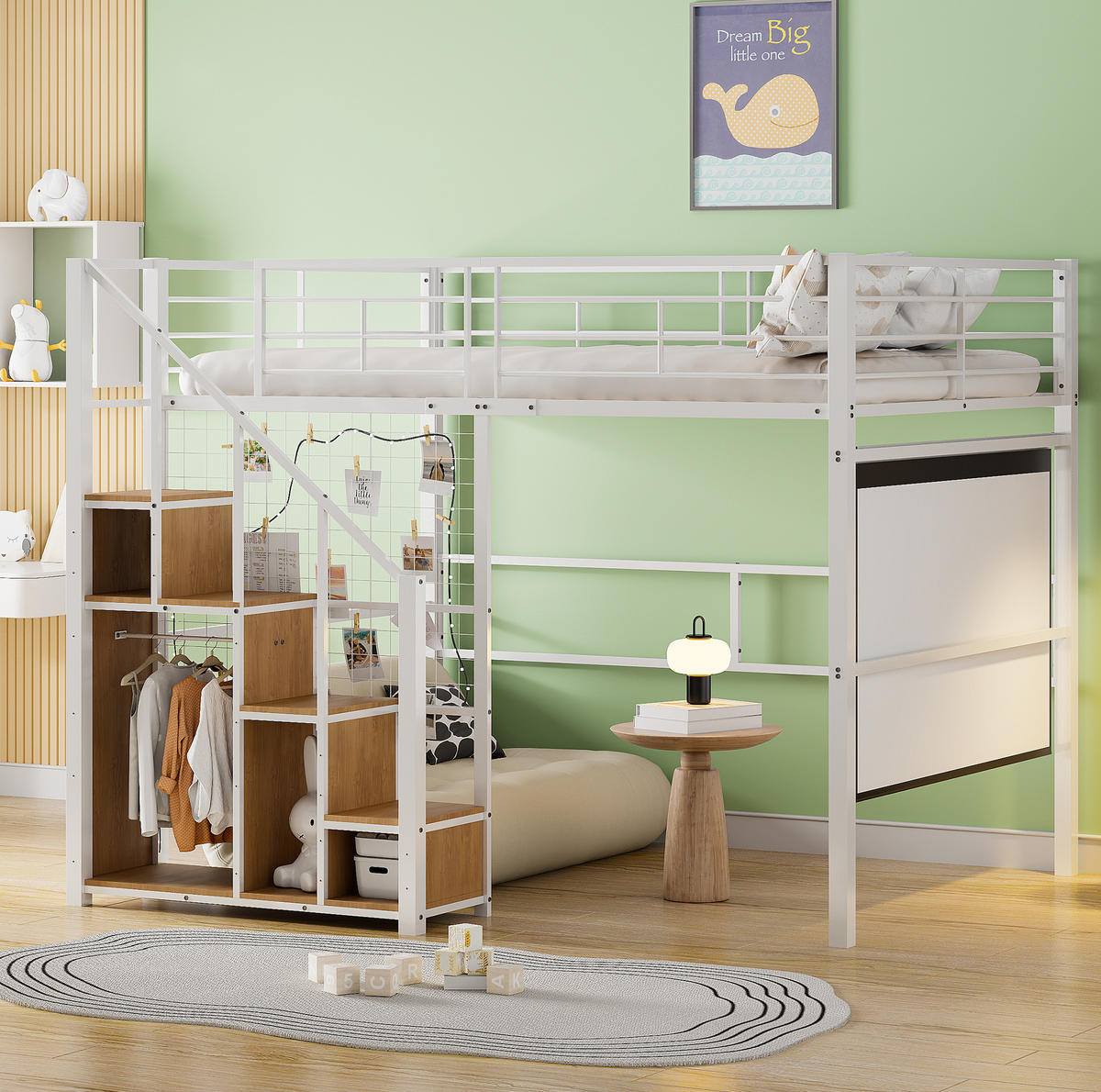 HOCHBETT 140/200 cm in Weiß – mit Stauraum, Treppe und Rausfallschutz - Weiß, Metall (140/200cm) - BEAOK