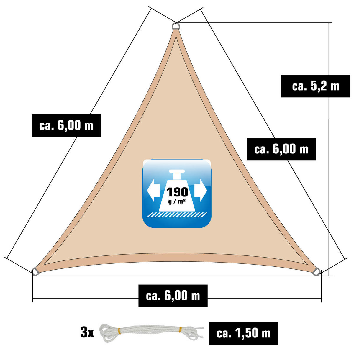 SONNENSEGEL 600/600 cm beige, dreieckig - Beige, Kunststoff (600/600cm) - Amanka