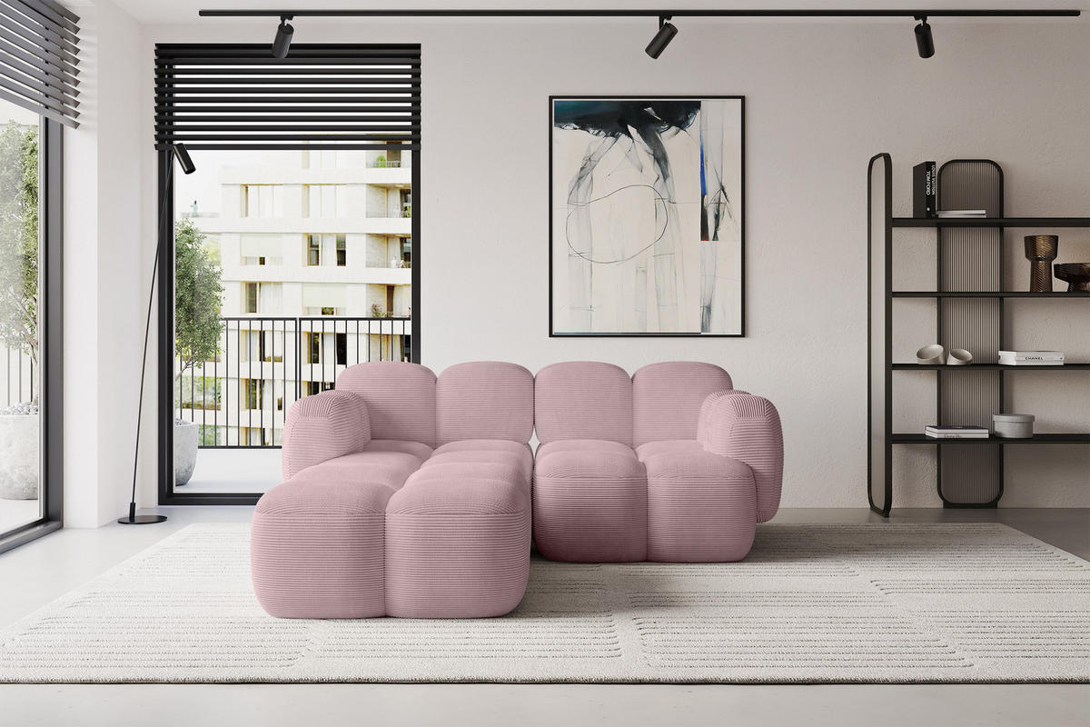 ECKSOFA modulares Sofa Links Miko-L1 214x205x75 Rosa Cord - Schwarz/Rosa, Holzwerkstoff/Kunststoff (214/205cm) - ALTDECOR