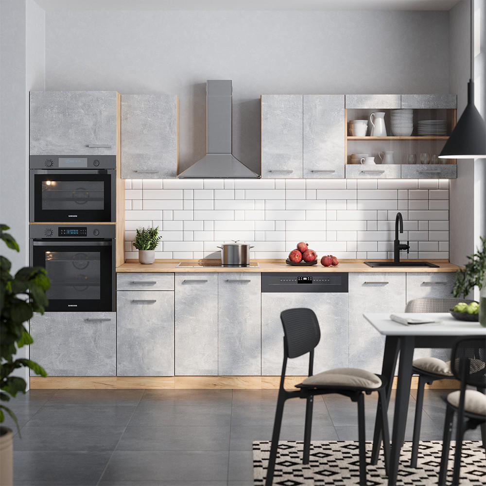 KÜCHENZEILE R-Line Beton/Goldkraft Eiche 300 cm mit Hochschrank, ohne Arbeitsplatte - Honigeiche/Schieferfarben, Holzwerkstoff (300/81.6/46cm) - Vicco