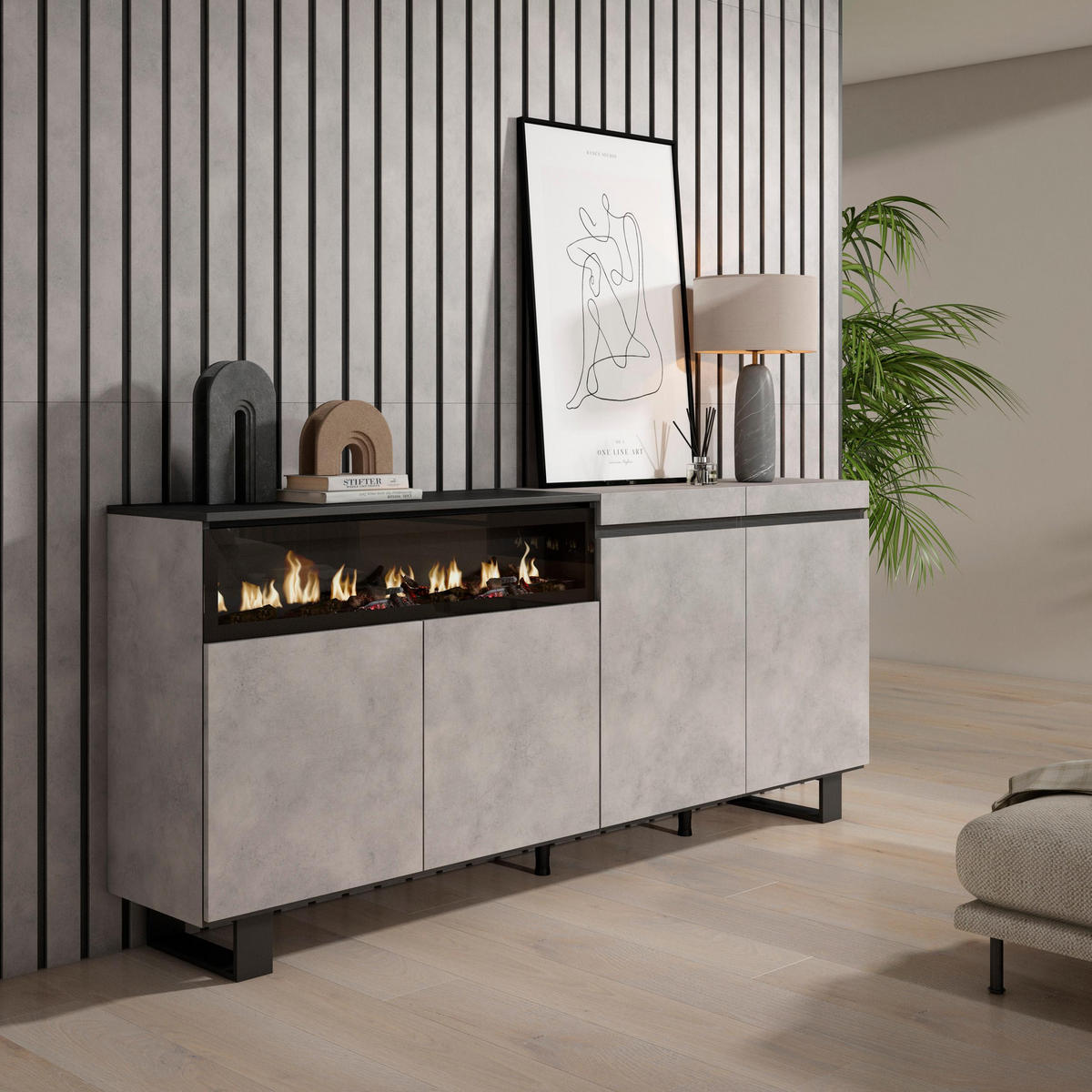 SIDEBOARD Elektrokamin, zementgrau, 200/35/87cm - Grau, Holzwerkstoff (200/87/35cm) - Skraut Home