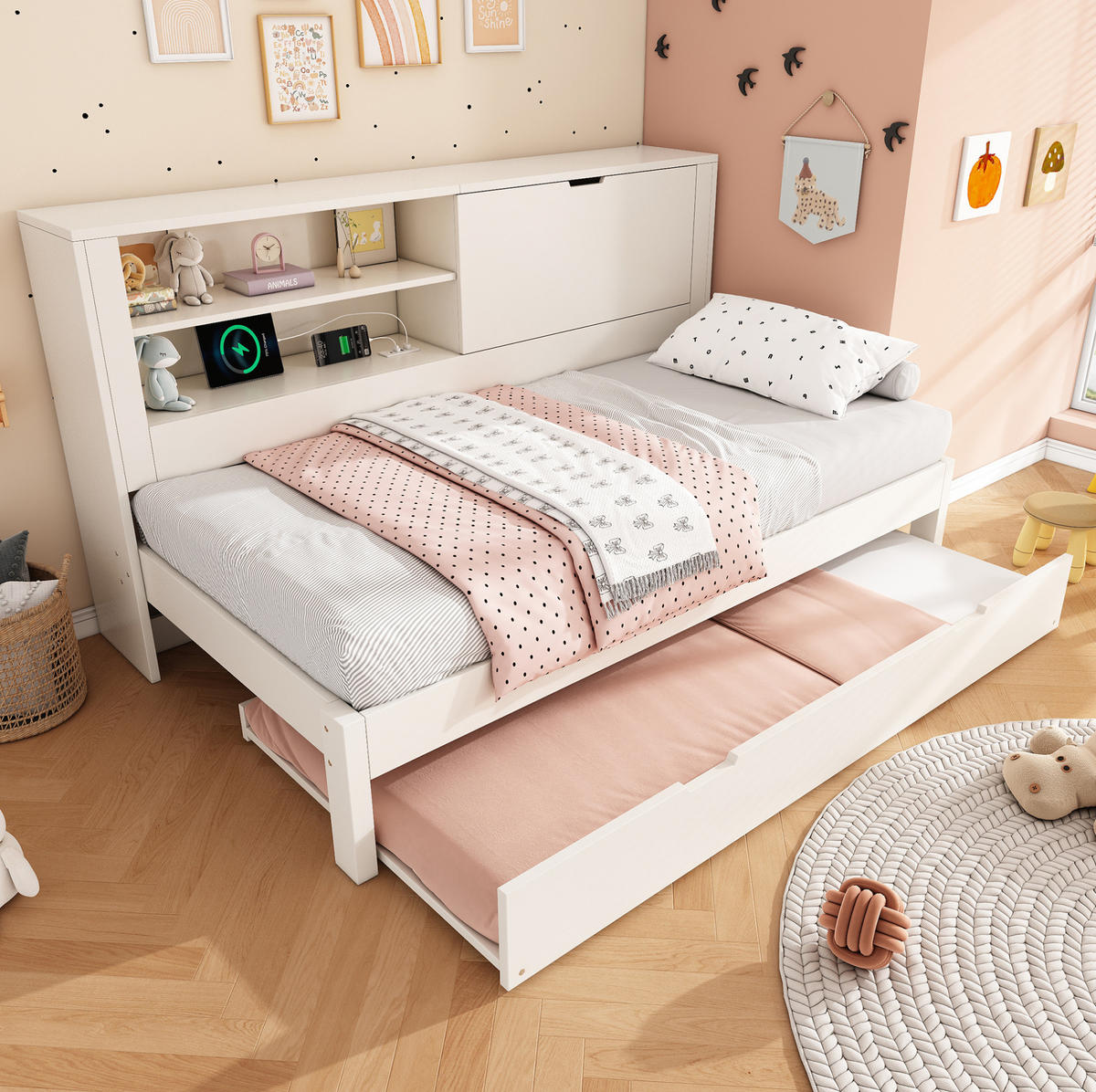 POLSTERBETT 90/200 cm Weiß aus Holz mit Ausziehbett - Weiß, Textil (90/200cm) - OKMYHOME