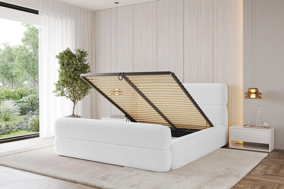 POLSTERBETT mit Bettkasten, Fußteil und Lattenrost, Boxbett mit Matratze H3/H4 - ENORA-Z 180x200 Weiß - Weiß, Holzwerkstoff/Textil (180/200cm) - ALTDECOR